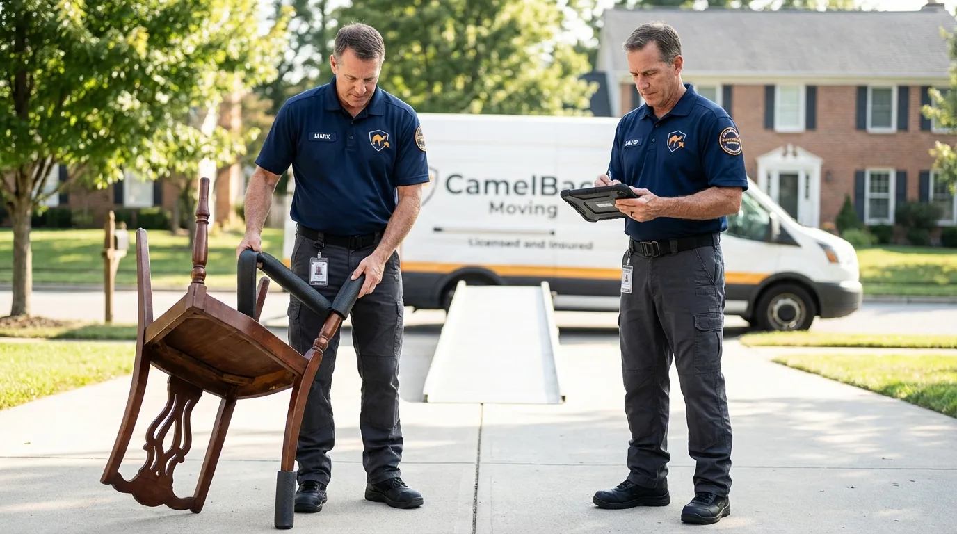 Movers inspecting furniture for damage prevention before loading in Shelton, WA