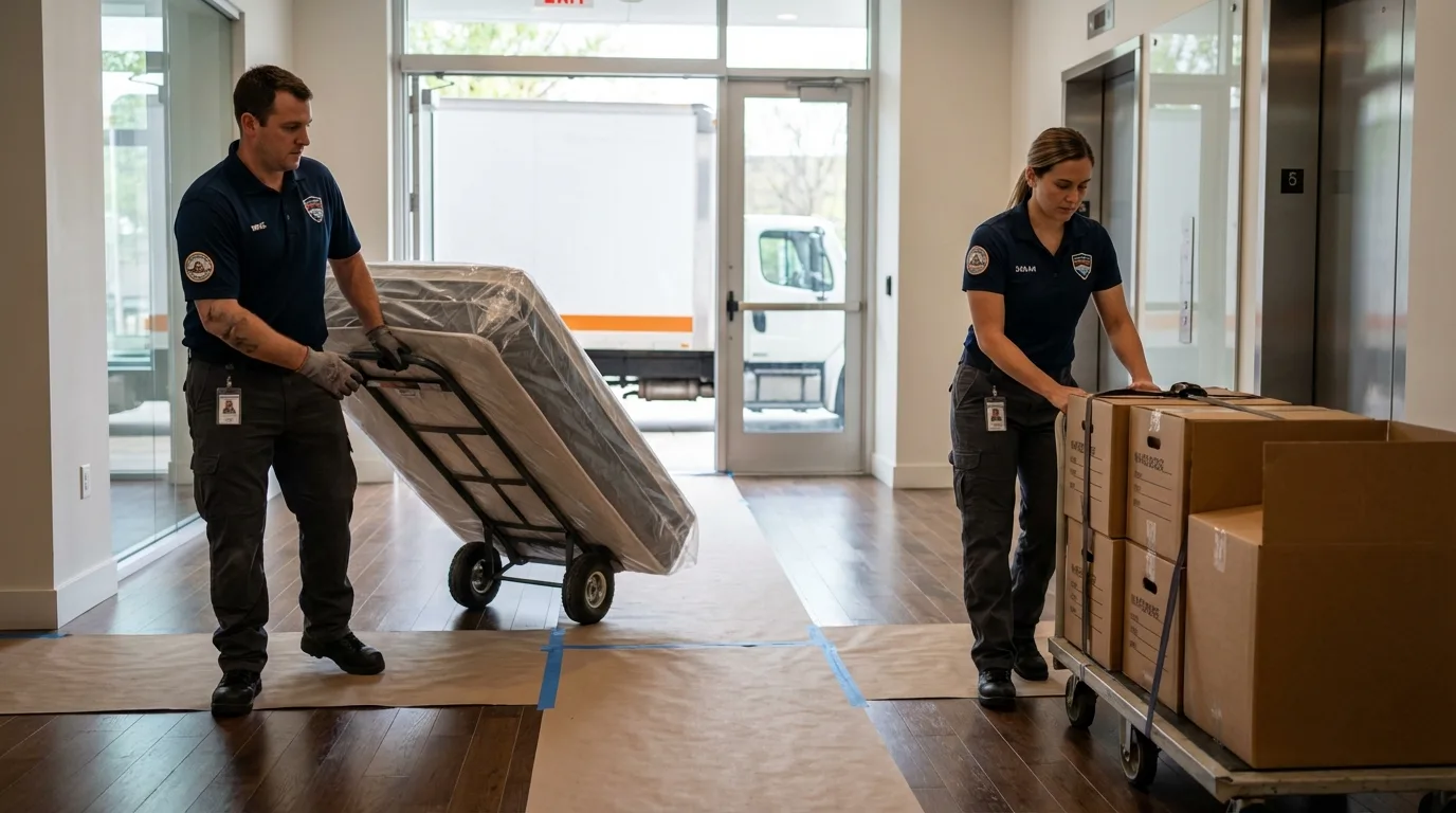 Professional apartment movers loading elevator in Shelton, WA