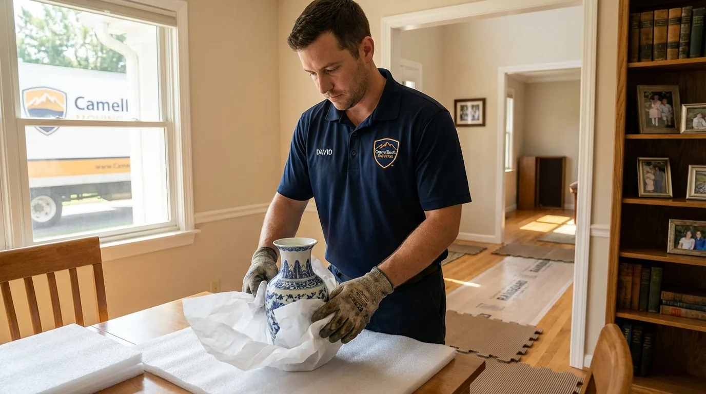 Professional crew carefully wrapping antique vase for senior downsizing move in Shelton, WA